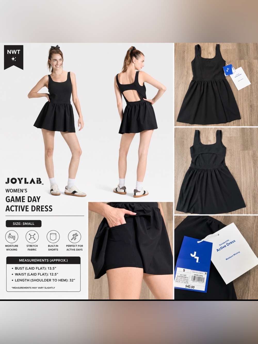 NWT JoyLab Women’s Game Day Active Dress Size Small Black Built In Shorts Pocket